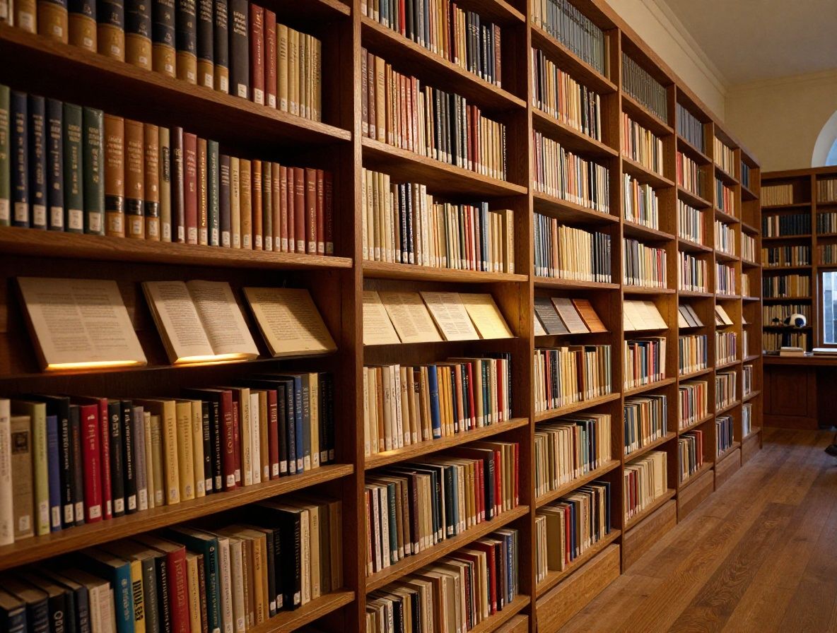 Klassische wissenschaftliche Bibliothek mit hohen Bücherregalen, gebundenen Forschungsbänden und warmer Leselampenbeleuchtung – Atmosphäre von Wissen und Forschung ohne Personen