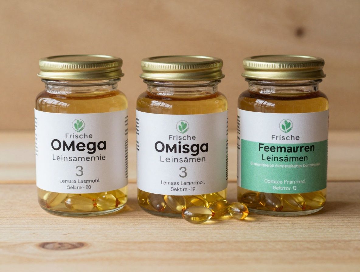 Frische Leinsamenkapseln und Leinsamenöl in einem Glasgefäß auf einer hellen Holzunterlage – natürliche Quelle für Omega-3-Fettsäuren