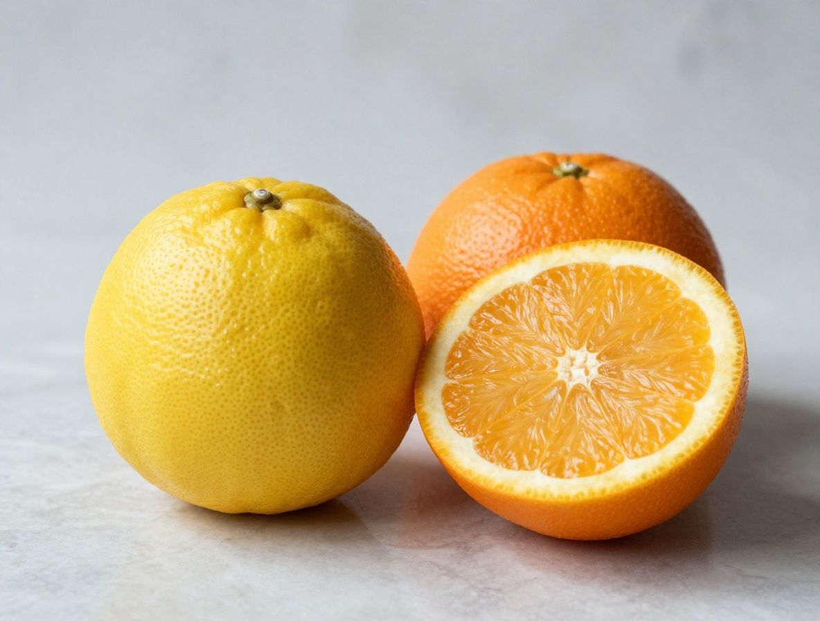 Halbierte Zitrusfrüchte – Zitronen und Orangen – auf einem hellem Marmorhintergrund, lebhafte Farben, Symbol für natürliches Vitamin C